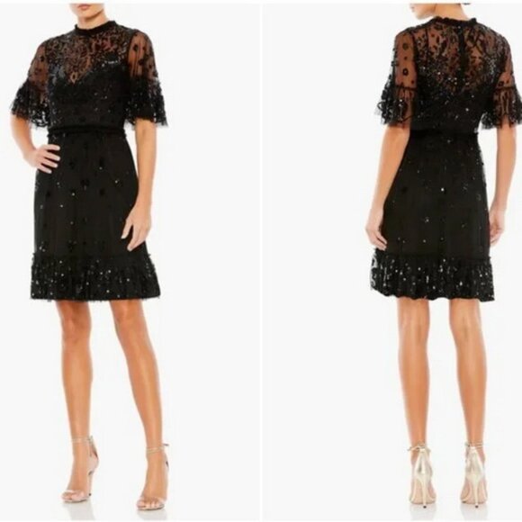 Mac Duggal Black Sequin Ruffle Hem Flutter Sleeve Cocktail Minidress
